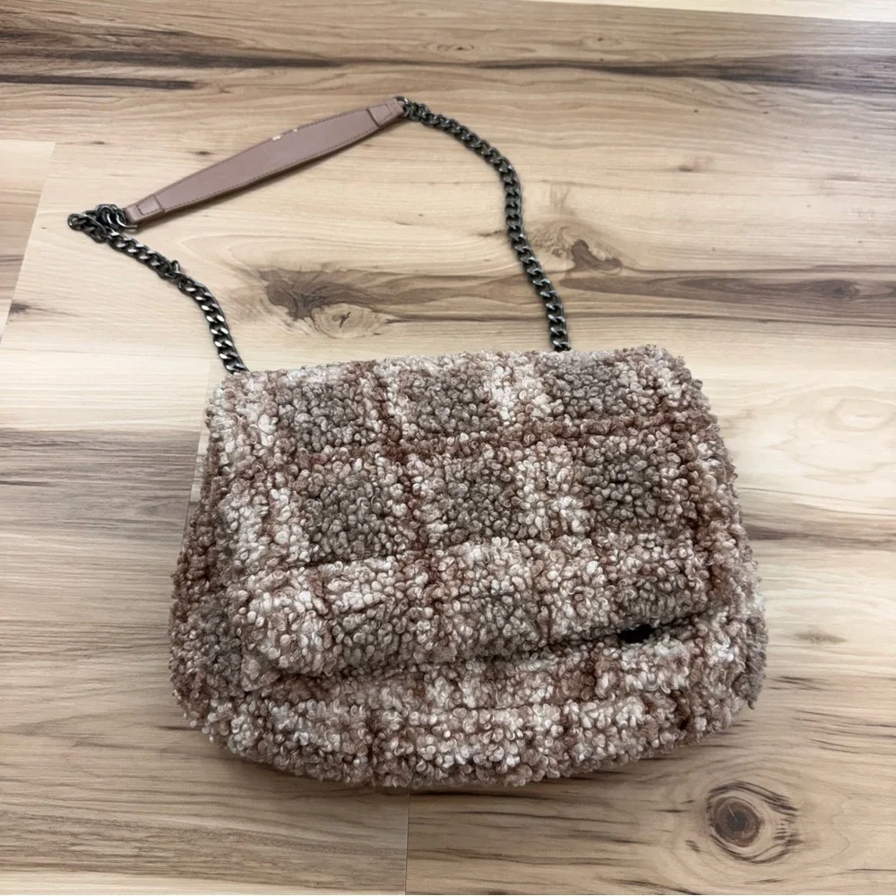 Zara Faux Fur Checkered Textured Brown Sherpa Women's Bag